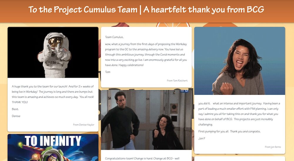 Employee recognition Kudoboard example featuring enthusiastic posts and excited GIFs